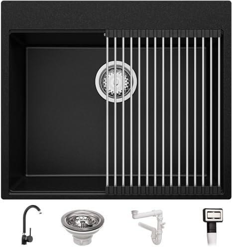 Spülbecken Schwarz 59x50 cm, Granitspüle + Ablauf-Set + Küchenarmatur 5000, Küchenspüle für 60er Unterschrank, Einbauspüle von Primagran