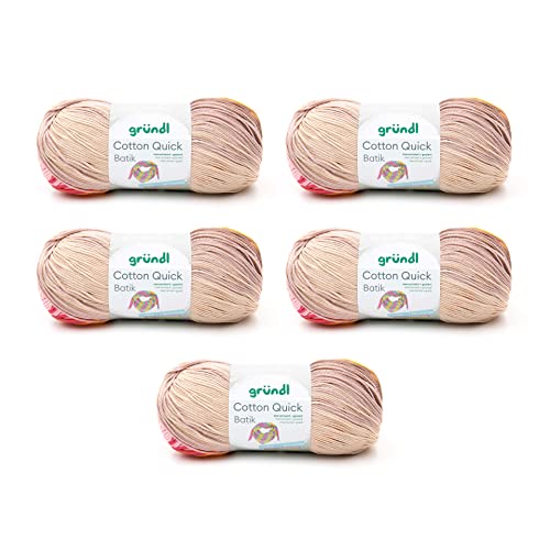 Gründl Wolle Cotton Quick Batik Strickgarn/Häkelgarn (Garn mit Farbverlauf aus 100% Baumwolle, OEKO-TEX zertifiziert, 100 g / 260 m, Nadelstärke: 3-4, 5 x 100 g), beigebraun-rosa-orange
