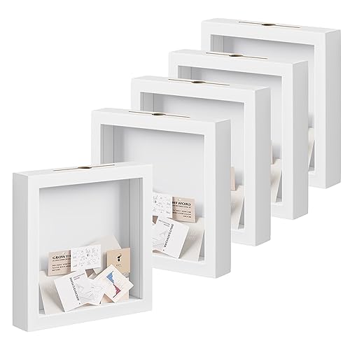 EUGAD 5er Set Bilderrahmen Fotogalerie, tiefer Rahmen für Objekte bis 3 cm, Holzrahmen mit Papier-Passepartout, mit Kunststoffscheibe, 3D Objektrahmen, Weiß, 30x30cm