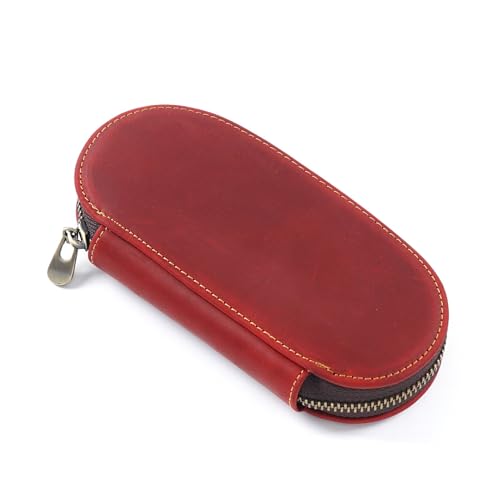 VKEID Federmäppchen aus Leder Vintage-Leder-Stiftetui, 3-teilig, oval, mit Reißverschluss, praktisches Stiftetui (Color : Wine red, Size : 16.5x7.5x3cm)