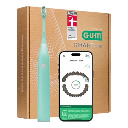 GUM Smart One, elektrische Schallzahnbürste mit smarter Mundhygiene-Coaching-App, Tempo-Kontrolle zum Zahnfleischschutz, Timer, 4 Putzprogramme, 1 Aufsteckbürste, 6 Wochen Akku, Mint