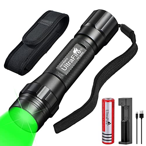 UltraFire Grüne LED Taschenlampe 520-530nm Zoomable Grünes Licht Single Modus Mini Taktische Taschenlampe mit Holster, 3,7V 2600mAh Wiederaufladbarer Batterien, Ladegerät, IPX6 Wasserdicht