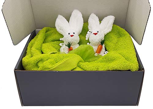 Frotteebox Geschenk Box Ostern 4-teilig mit Hasenpaar im Nest in Handarbeit geformt aus 2X Waschhandschuh weiß mit Handtuch und Duschtuch Kiwi-grün