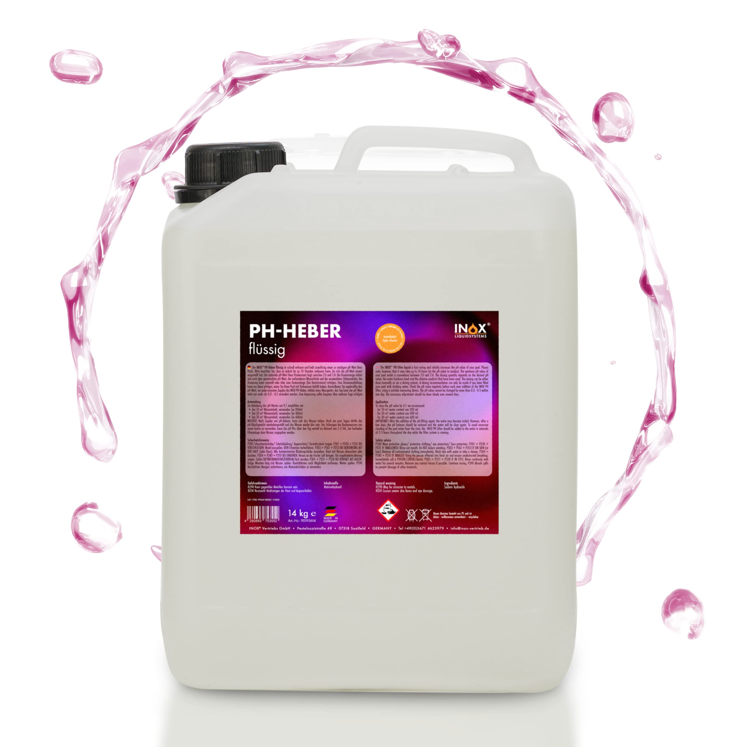 INOX® - Effektiver pH-Heber flüssig im 14 KG-Kanister | Optimale pH Regulierung | Universaler pH Plus für Pool, Whirlpool & Schwimmbad | Optimal zu Anhebung des pH-Wert