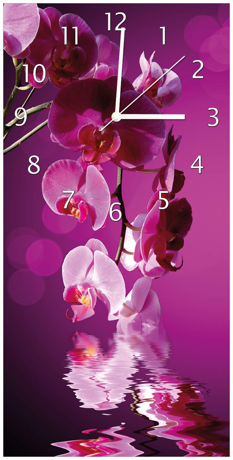 Wallario Design-Wanduhr, Acrylglasuhr Größe 30 x 60 cm, weiße Zeiger, Motiv Rosafarbene Orchidee Blüten in pink