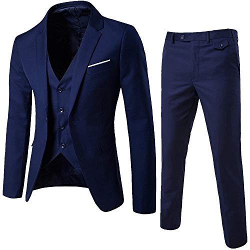 KPILP 3-teiliger Anzug, Sales Herren Elegant Slim Blazer Business Solid Sakkos Hochzeit Jacke Weste & Hosen Herbst Winter(Marine，EU-48/CN-S)