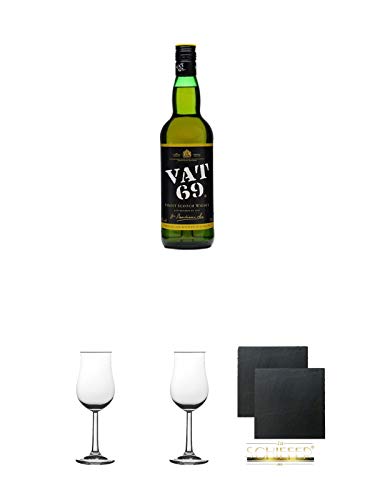 VAT 69 blended Scotch Whisky 0,7 Liter + Whisky Nosing Gläser Kelchglas Bugatti mit Eichstrich 2cl und 4cl 1 Stück + Whisky Nosing Gläser Kelchglas Bugatti mit Eichstrich 2cl und 4cl 1 Stück + Schiefer Glasuntersetzer eckig ca. 9,5 cm Ø 2 Stück