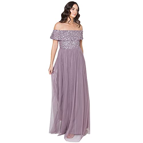 Maya Deluxe Women's Ladies Bardot Women Maxi Embellished Hight Empire Waist Sleveless Tulle for Wedding Guest Prom Bridesmaid Dress, Moody Lilac, 34