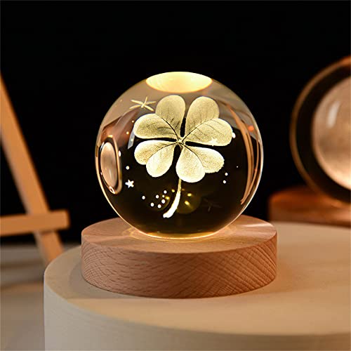 qianyue 60mm 3D Laser Erde Vier Kleeblatt Gravierte Rose Kristallkugel Miniatur Blume Globus Glaskugel Dekoration Ornament (80mm Klee)