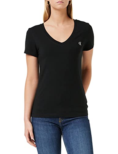 Calvin Klein Jeans Damen Embroidery Stretch V-Neck T-Shirt, Schwarz (Ck Black Bae), 36 (Herstellergröße: Medium)