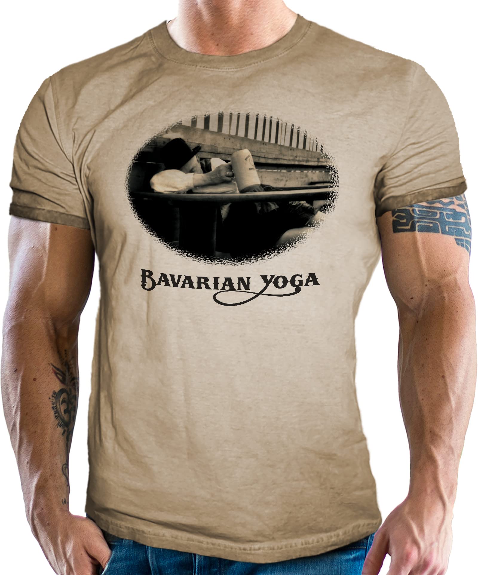Für echte Bayern Fans - Trachten T-Shirt im Washed Vintage Retro Used Look: Bavarian Yoga
