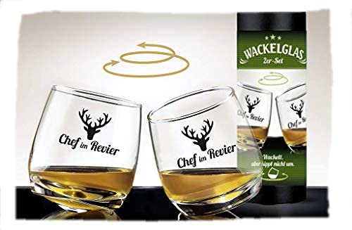 HandWerk Gilde 2er Set Wackelglas Chef im Revier Whiskyglas Rumglas in Geschenkbox