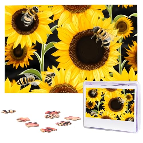 KHiry Puzzles 1000 Teile personalisierte Puzzles Sonnenblume Bienen Foto Puzzle anspruchsvolles Bild Puzzle für Erwachsene Personaliz Jigsaw mit Aufbewahrungstasche (74,9 x 50 cm)