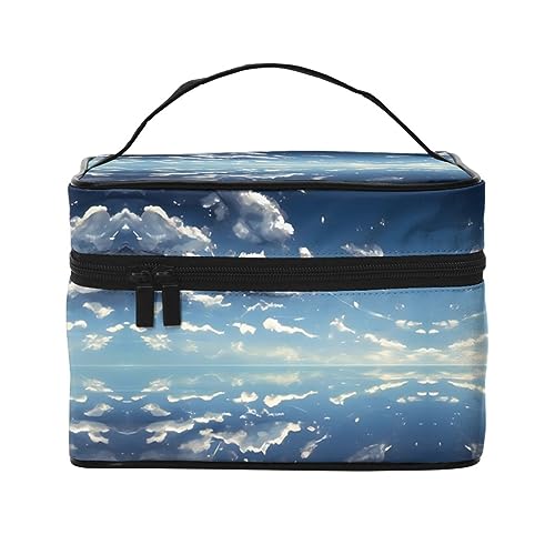 Blauer Himmel und weiße Wolken, stilvoll und praktisch, eine unverzichtbare Reise-Kosmetiktasche mit extra großen Fächern und Reißverschluss, wasserdicht, Schwarz , Einheitsgröße