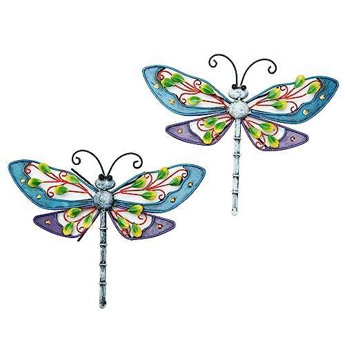 Sungmor 2 Pack mehrfarbige Libelle Wandbehang Art Decor - 29 × 23CM Constructed Metal Graceful Dragonfly - Wandbehang Kunstfiguren für Garden Patio Yard Home Ornaments
