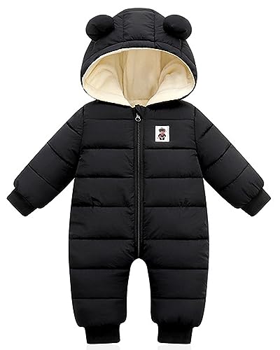 Baby Winter Overall mit Kapuze, Strampler Schneeanzug Jungen Mädchen Langarm Jumpsuit Warm Outfits Geschenk, Schwarz, 6-9 Monate (80)
