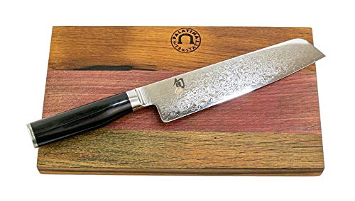 KAI Shun Premier Tim Mälzer | Bundle | Minamo TMM-0702, ultrascharfes Santoku Messer | 18 cm Klinge + | Schneidebrett aus altem Fassholz (Eiche) 30x18 cm