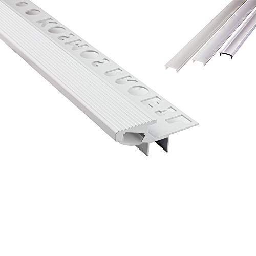 T-40 20° LED Alu Fliesenprofil Treppenprofil Stufen 10mm weiss + Abdeckung Abschlussleiste Fliesen für LED-Streifen-Strip 2m milky