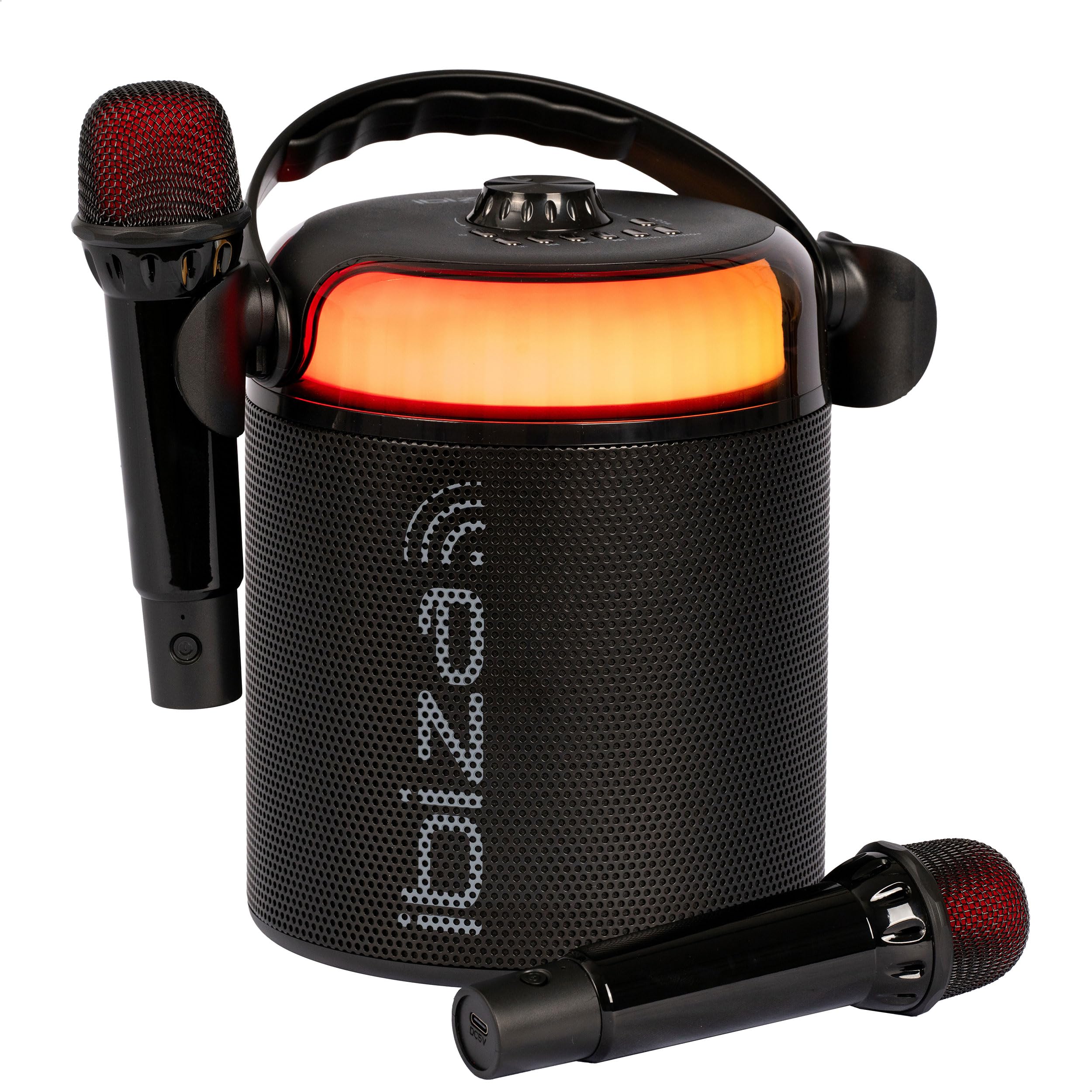 Ibiza - KARAHOME-BK - Batteriebetriebenes leichtes Karaoke-Lautsprechersystem mit Zwei drahtlosen Mikrofonen (batteriebetrieben) - Bluetooth, USB, MicroSD, USB, AUX und Coax - Schwarz