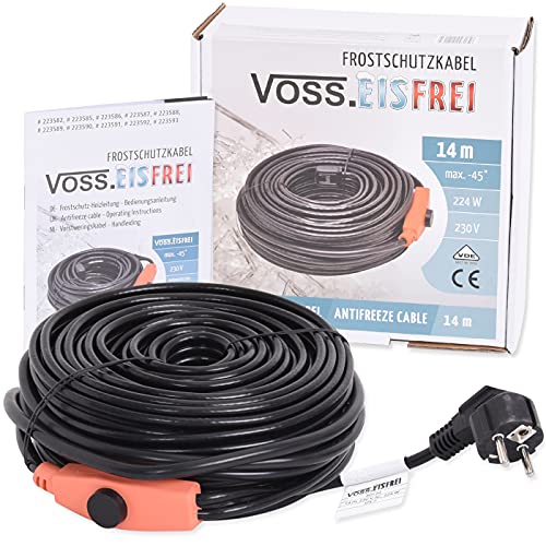14m Frostschutz Heizkabel mit Knopf-Thermostat VOSS.eisfrei, 230V, Heizleitung Zum Schutz von Wasserleitungen und Weidetränken