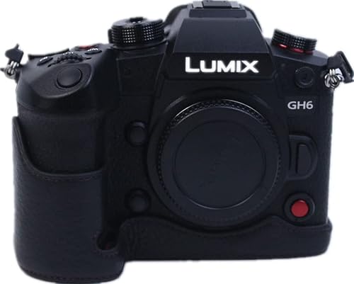 Zakao GH6 Kameratasche, echtes Leder, halbe untere Öffnung, Holster, Kameratasche, mit Handschlaufe, Schutzhülle für Panasonic Lumix GH6 (Schwarz)