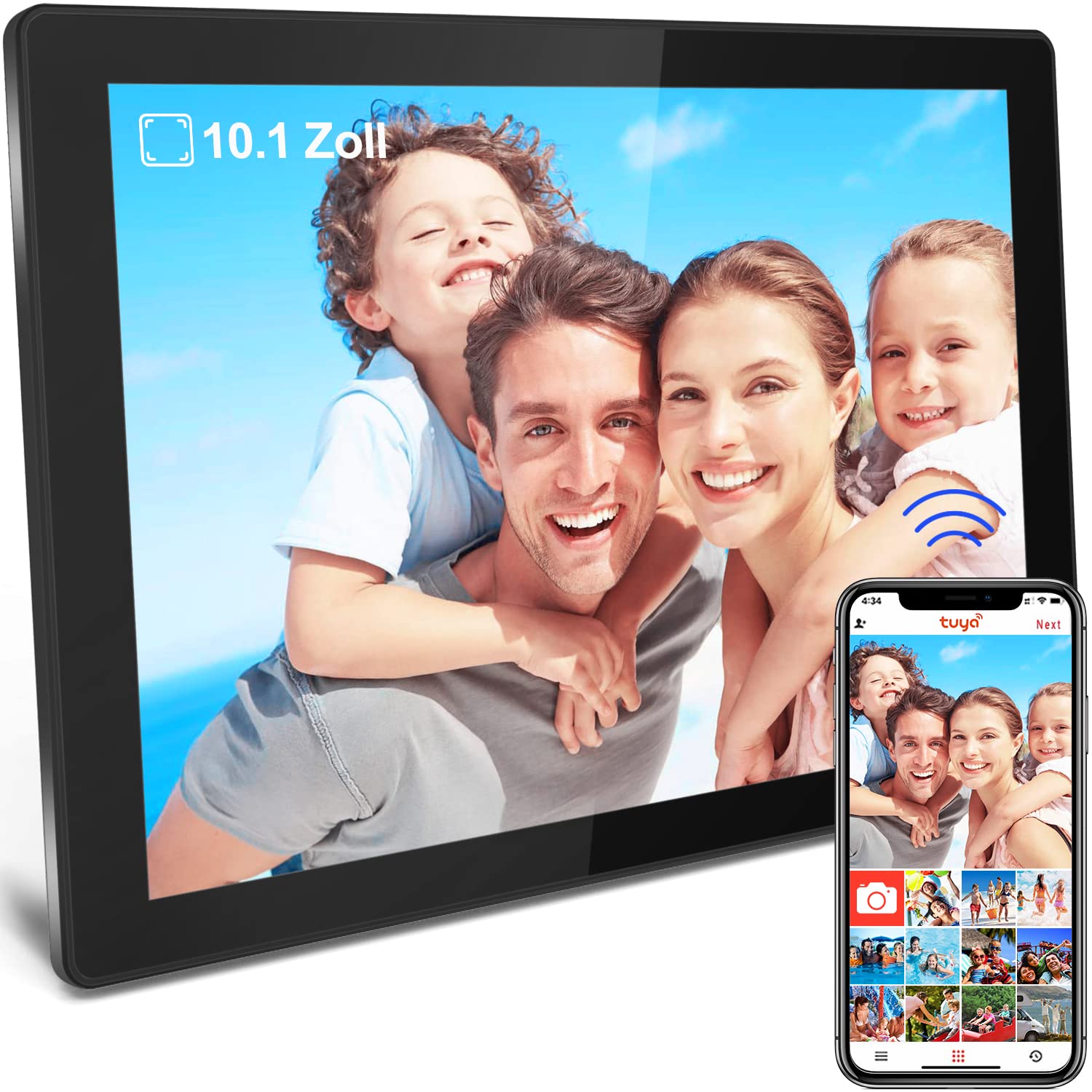 SURFOU Digitaler Bilderrahmen WLAN, 10.1 Zoll IPS HD Touchscreen Elektronischer Fotorahmen 1280P mit 16GB Speicher, Automatischer Drehung, Video und Fotos sofort, iOS und Android, Schwarz