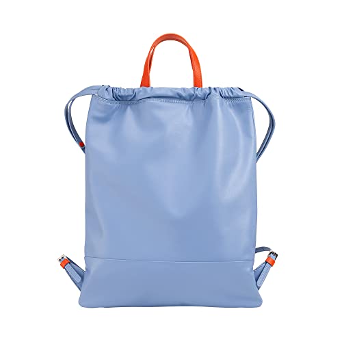 DUDU Beutel-Rucksack aus Leder für Damen Sportlich-moderner Look Beutel-Tasche mit Kordelzug und dünnen Tragegurten aus Leder Pastellblau