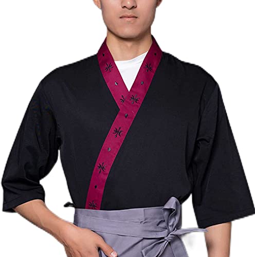 HMLOPX Modische Uniformen Unisex-Sushi-Kochjacke Japanisch Bedruckte Kimono-Kragen-Strickjacke Einfache Küchenuniform (Color : Schwarz, Size : S-Small)