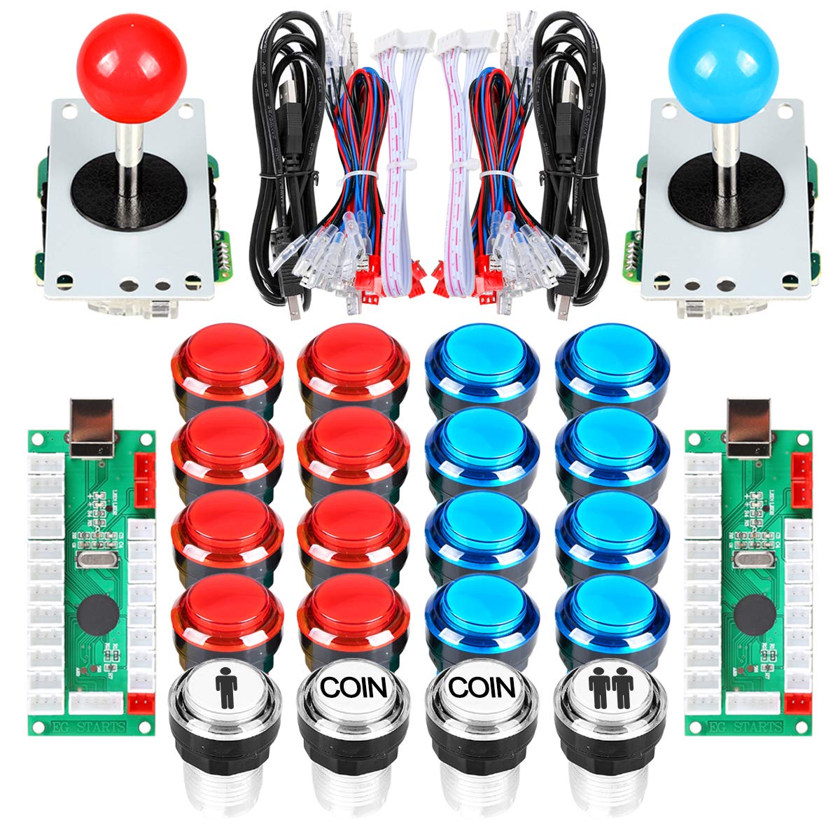 EG STARTS Arcade Schrank Teile 2x 8-Wege-Joystick + 16x LED beleuchtet Push Button + 2 Spieler + Münze Tasten für Raspberry Pi 3B Model Project DIY
