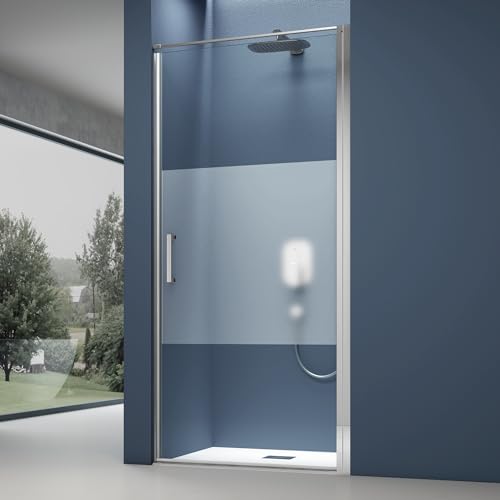 doporro® Nischentür 90cm Nischendrehtür Duschabtrennung Teramo36MS Höhe in 195cm ESG-Sicherheitsglas Duschtür aus Milchglas-Streifen mit Hebe- und Senkmechanismus inkl. NANO-Beschichtung