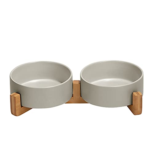 SPUNKYJUNKY Keramik Doppel Hund Futternapf mit Bambus Ständer für Katzen und Hunde (400ml, 2-Grau)