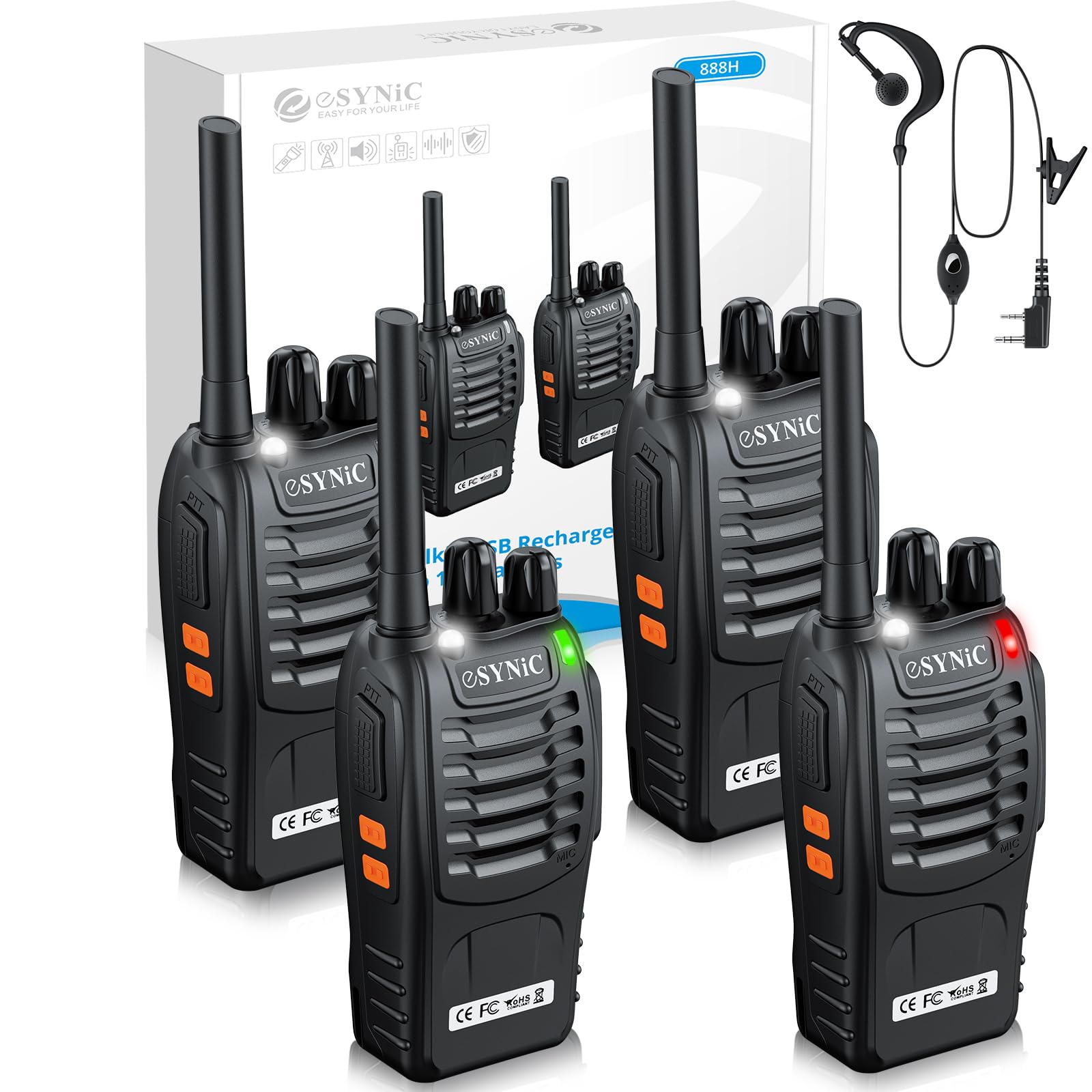 eSynic Walkie-Talkies 4 Stück mit großer Reichweite 2-Wege-Funkgerät mit 4 Original-Ohrstücken mit 16-Kanal-Einzelband für Überlebenstrainings und andere Aktivitäten