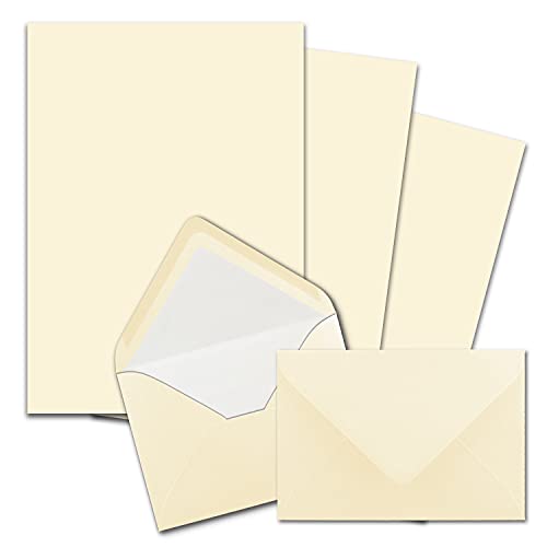 100x Sets Briefpapier DIN A4 mit weiß gefütterten Briefumschlägen im Format C6, Nassklebung - Creme-Vanille - Briefset aus edlem Papier mit passenden Kuverts