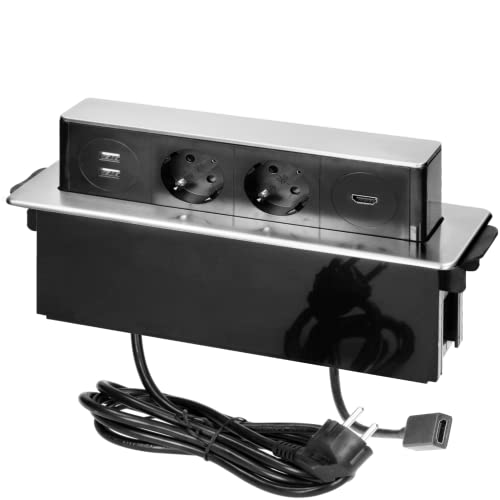 ORNO GM-9016(GS)/B-G Versenkbare Einbau Steckdosenleiste 2-Fach mit 2 x USB 3680W Anschlussfertig mit 2m Kabellänge Schukokabel,Farbe: Schwarz und Silber (3 Steckplätze mit HDMI)