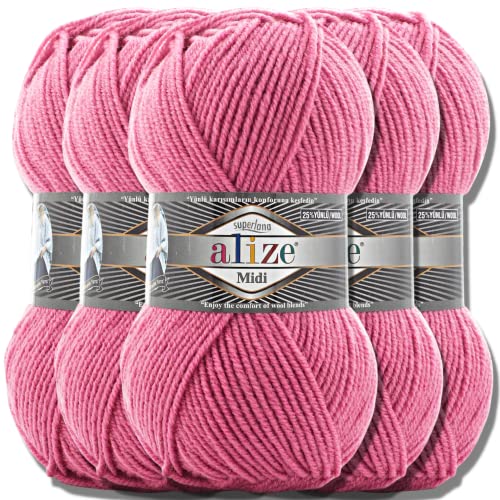 Alize 5 x 100g Superlana Midi Türkische Premium Wolle Baumwolle und Acryl Uni Handstrickgarne | Yarn | Garn | Strickgarn Einfarbig Baby zum Häkeln Stricken Kleidung Schals (Dark Pink | 178)