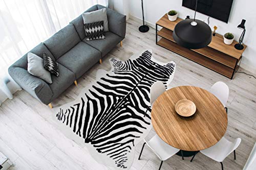 One Couture Teppich Fell Tierfell Optik Zebra Tiermuster Wohnzimmer Loft Schwarz Weiß, Größe:160cm x 230cm