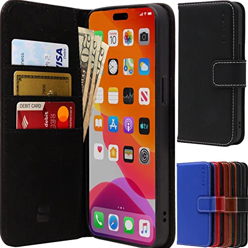 Snugg iPhone 14 Pro Hülle Wallet - Faltbare Wallet Case mit 3 Kartenfächern, Magnetverschluss und Handy-Standfunktion - Leder, TPU, Nubuk iPhone 14 Pro Wallet Case - Schwarz