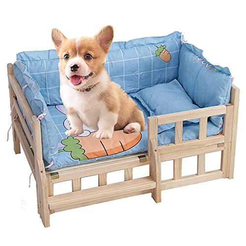Haustierbett Erhöhtes Hundebett aus Holz mit Bettzeug und Leitplanke, Haustiersofa, abnehmbares Hunde- und Katzenbett mit Matratze und Zaun für große/mittlere Haustiere