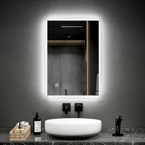 EMKE Badezimmerspiegel 50x70cm LED Badspiegel mit Beleuchtung kaltweiß Lichtspiegel Wandspiegel mit Touchschalter + beschlagfrei IP44 energiesparend