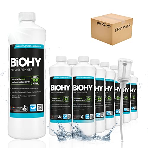BiOHY Abflussreiniger (12x1l Flasche) + Dosierer | mit spezieller Haarweg-Formel | Bio Abflussreiniger für Küche & Bad | entfernt selbst hartnäckigste Verstopfungen | ohne ätzende Dämpfe & Gerüche