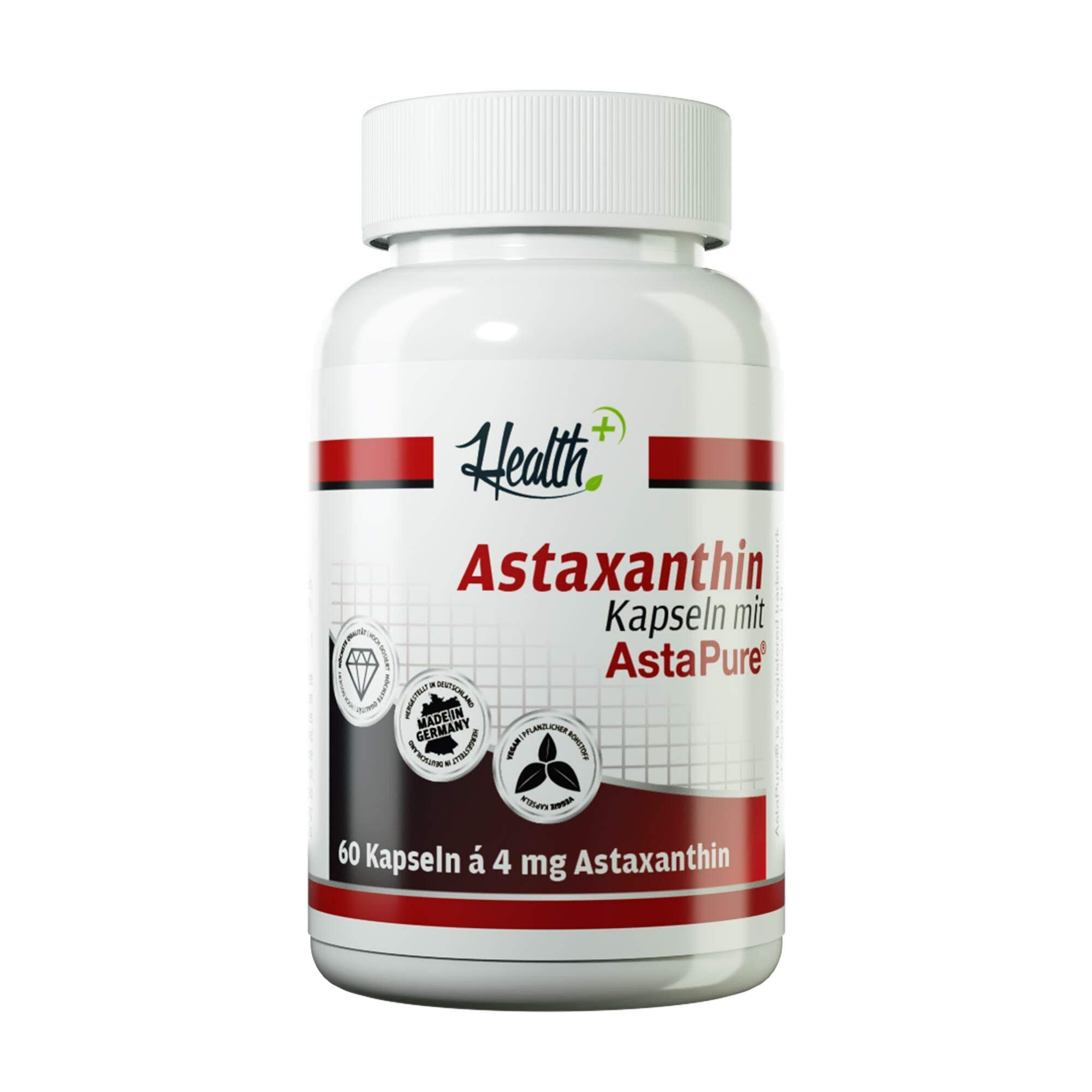 Health+ Astaxanthin - 60 Kapseln mit 4 mg des Markenrohstoffs AstaPure, veganes Antioxidans aus der Alge, Made in Germany