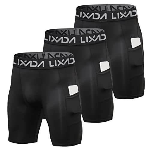 Lixada Men's Compression Shorts Performance Sports Baselayer Cool Dry Tights Active Workout Underwear Base Layer Tights with Pockets - 3 Pack