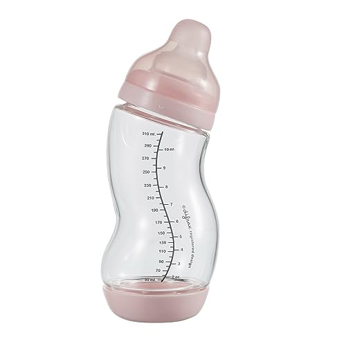 Difrax Anti-Kolik Babyflaschen Glas, Neugeborenen-Babyflasche, Babyflasche 0-6 Monate, gute Akzeptanz – 310 ml, Rosa