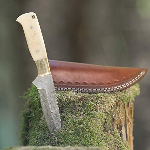 elToro Brass Bone - Damast - Jagdmesser - 12cm - inkl. Lederscheide; Messer für Camping, Outdoor, Survival