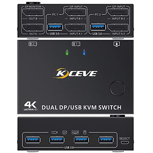 DP KVM Switch 2 Computer 2 Monitore, Zwei Monitore Displayport USB 3.0 KVM Umschalter für zwei Monitore, Unterstützt 4K@60Hz für 2 Computer, die Tastatur, Maus und Monitor teilen, Offizieller Shop