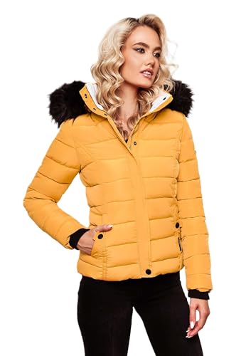 Navahoo Damen Winter Steppjacke Jacke mit abnehmbarem Fellkragen B355 [B355-Miamor-Gelb-Gr.M]