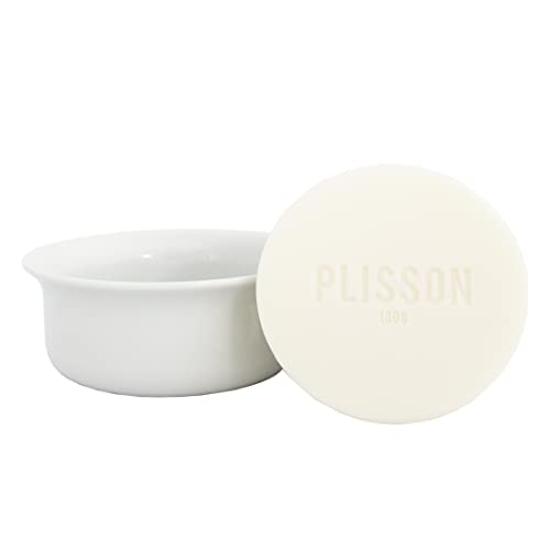 PLISSON – Feste, feuchtigkeitsspendende Rasierseife für die Bartrasur inklusive Rasierschale aus Porzellan – Made in France