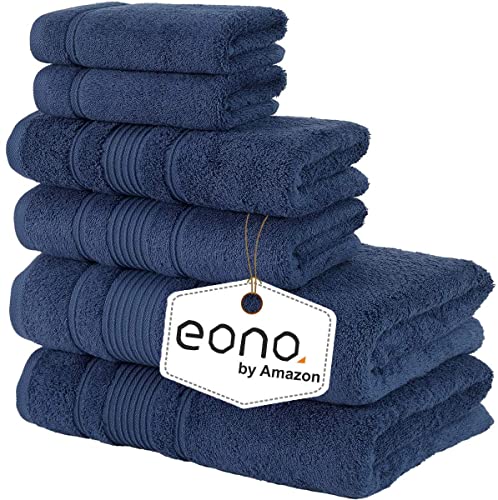 Eono by Amazon 2 große Badetücher, 2 große Handtücher, 2 Waschlappen, superweiche ägyptische Baumwolle, 6-teiliges Premium-Handtuch-Set für Hotel & Spa, Badezimmer, Küche, Dusche – Navy blau