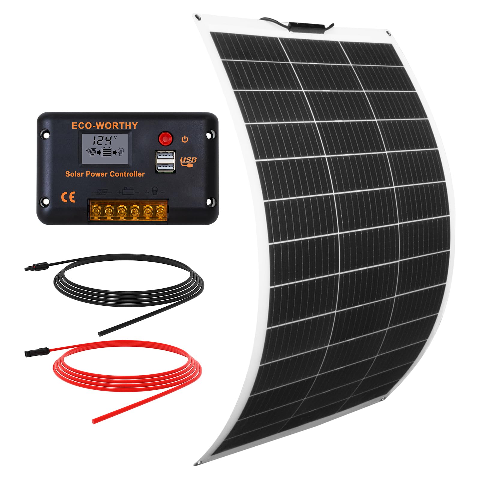 ECO-WORTHY 130W12V Flexibles Solarpanel Kit netzunabhängig Off Grid: 130W Solarpanel + 30A LCD Display PWM Laderegler + 5m Solarkabel für Wohnwagen, Wohnmobil, Boot, Kabine, Anhänger