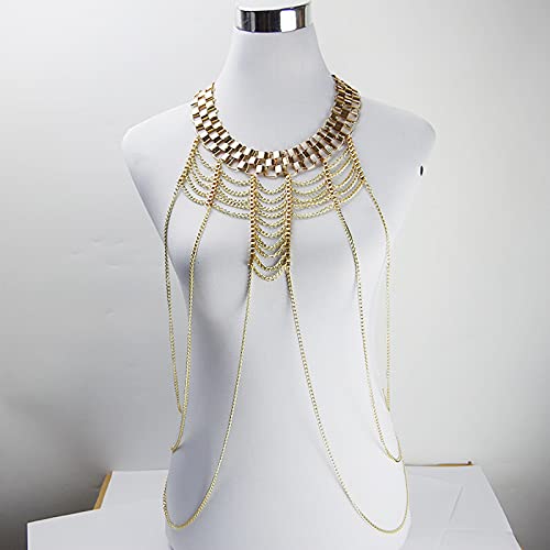 Punk-Stil Metall übertriebene mehrschichtige Körperkette Schulterkette Schal Körperschmuck mehrschichtige Körperkette Halskette Dekoration, Gold,Gold (Gold)